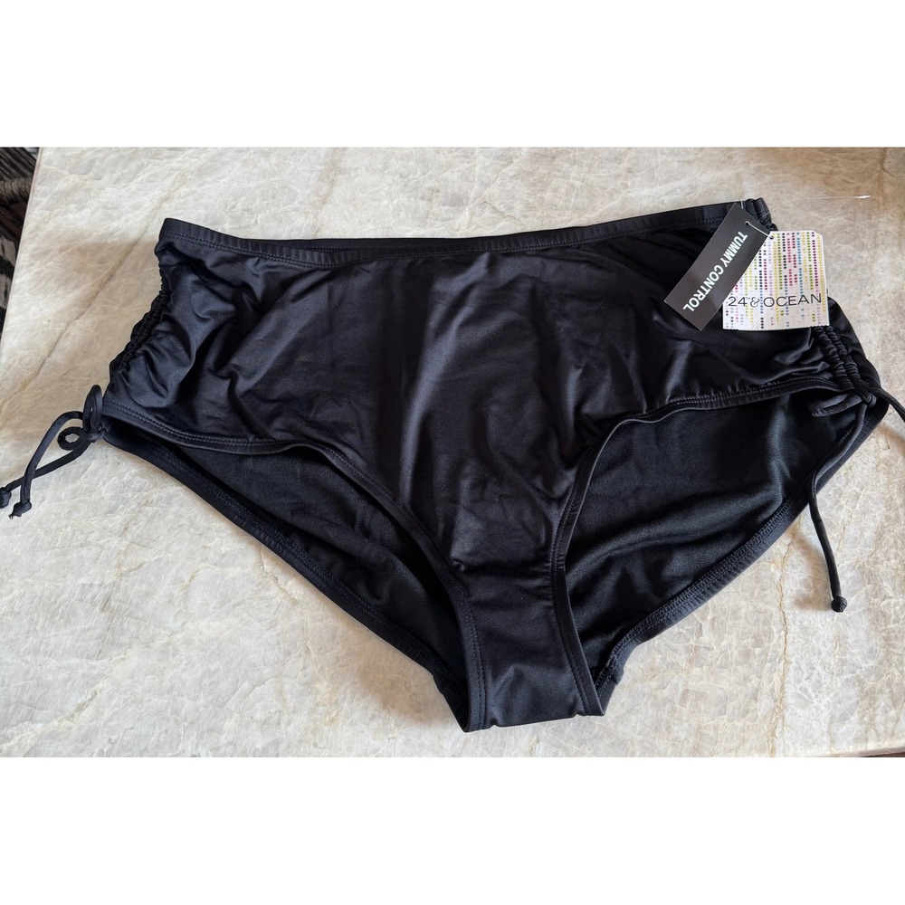 24th & Ocean Black Tummy Control Ruched Side Tie Bikini Bottoms 18W TF9G695W NEW